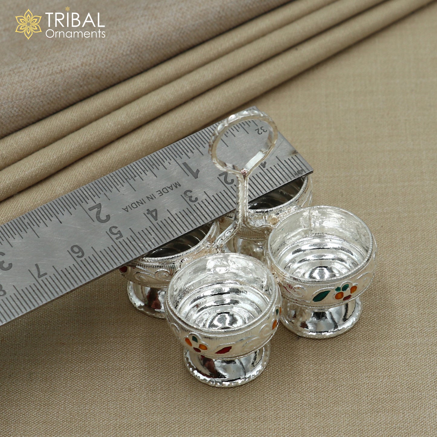 925 sterling silver flower design tilak combo mini bowl, tilak patra, puja utensils, temple article su1356 - TRIBAL ORNAMENTS