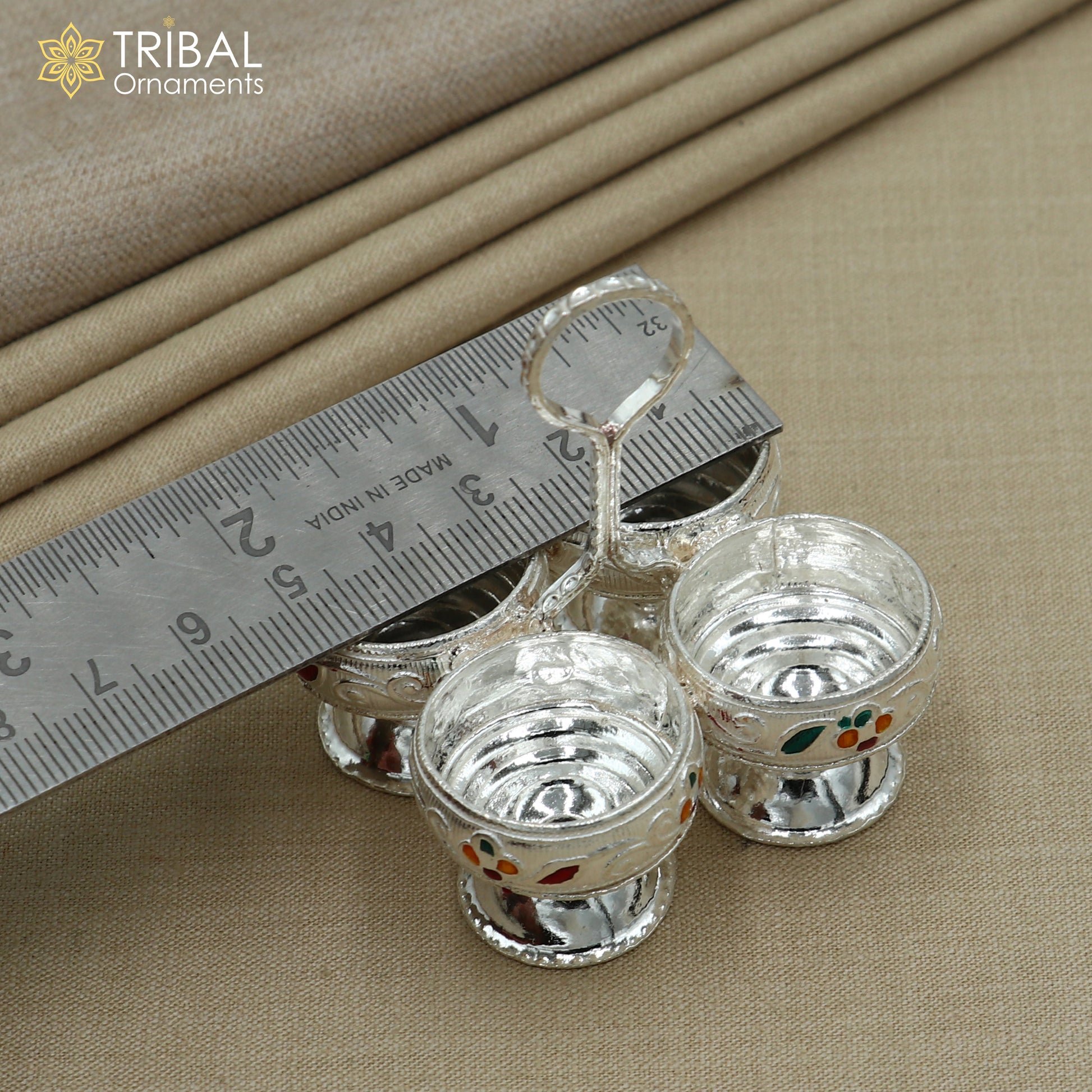 925 sterling silver flower design tilak combo mini bowl, tilak patra, puja utensils, temple article su1356 - TRIBAL ORNAMENTS