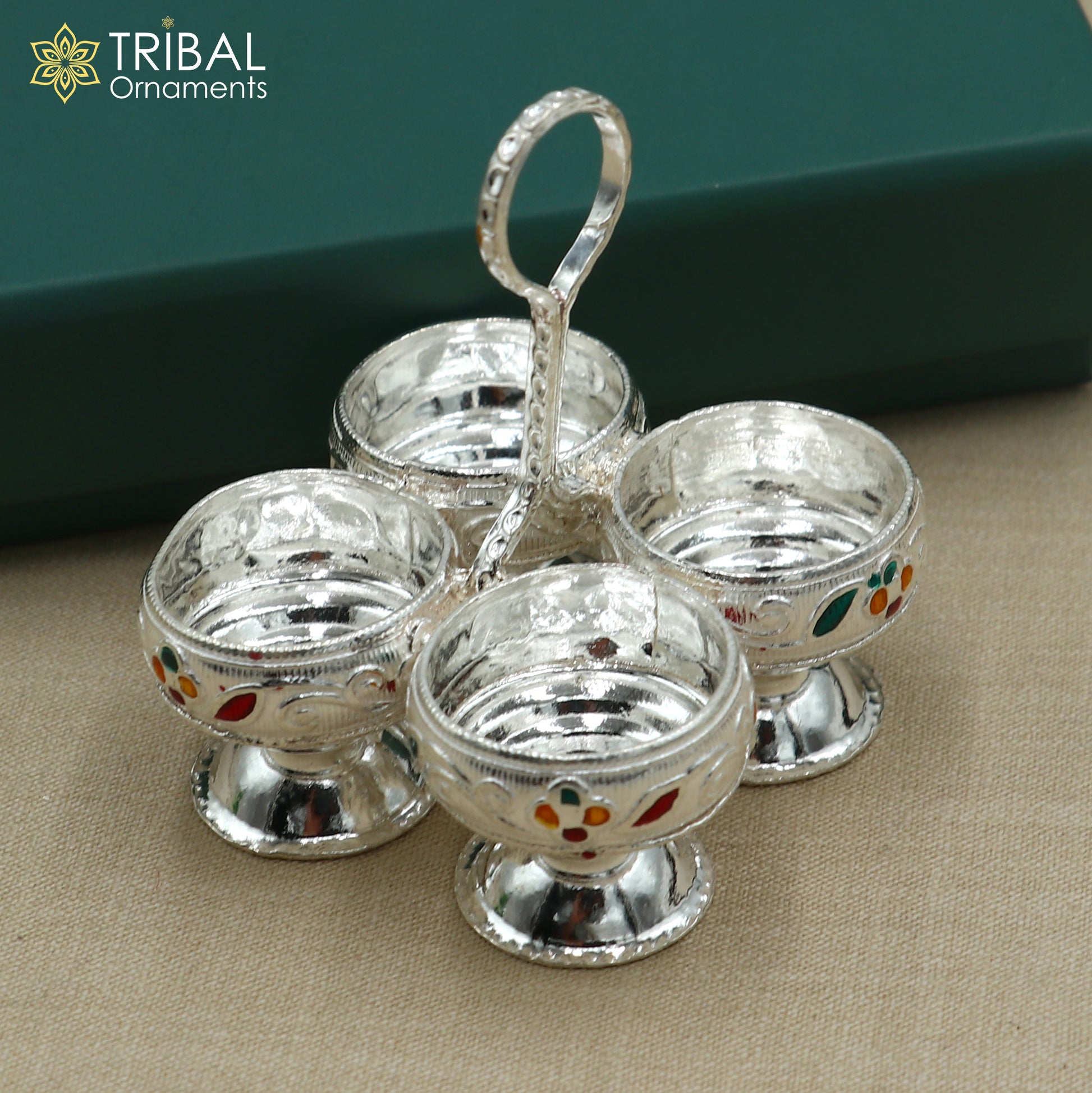 925 sterling silver flower design tilak combo mini bowl, tilak patra, puja utensils, temple article su1356 - TRIBAL ORNAMENTS