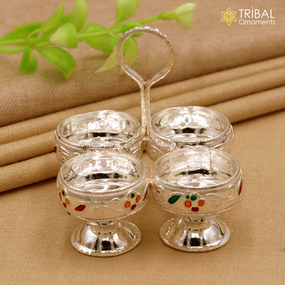 925 sterling silver flower design tilak combo mini bowl, tilak patra, puja utensils, temple article su1356 - TRIBAL ORNAMENTS