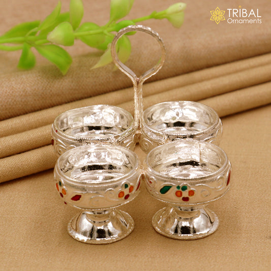 925 sterling silver flower design tilak combo mini bowl, tilak patra, puja utensils, temple article su1356 - TRIBAL ORNAMENTS