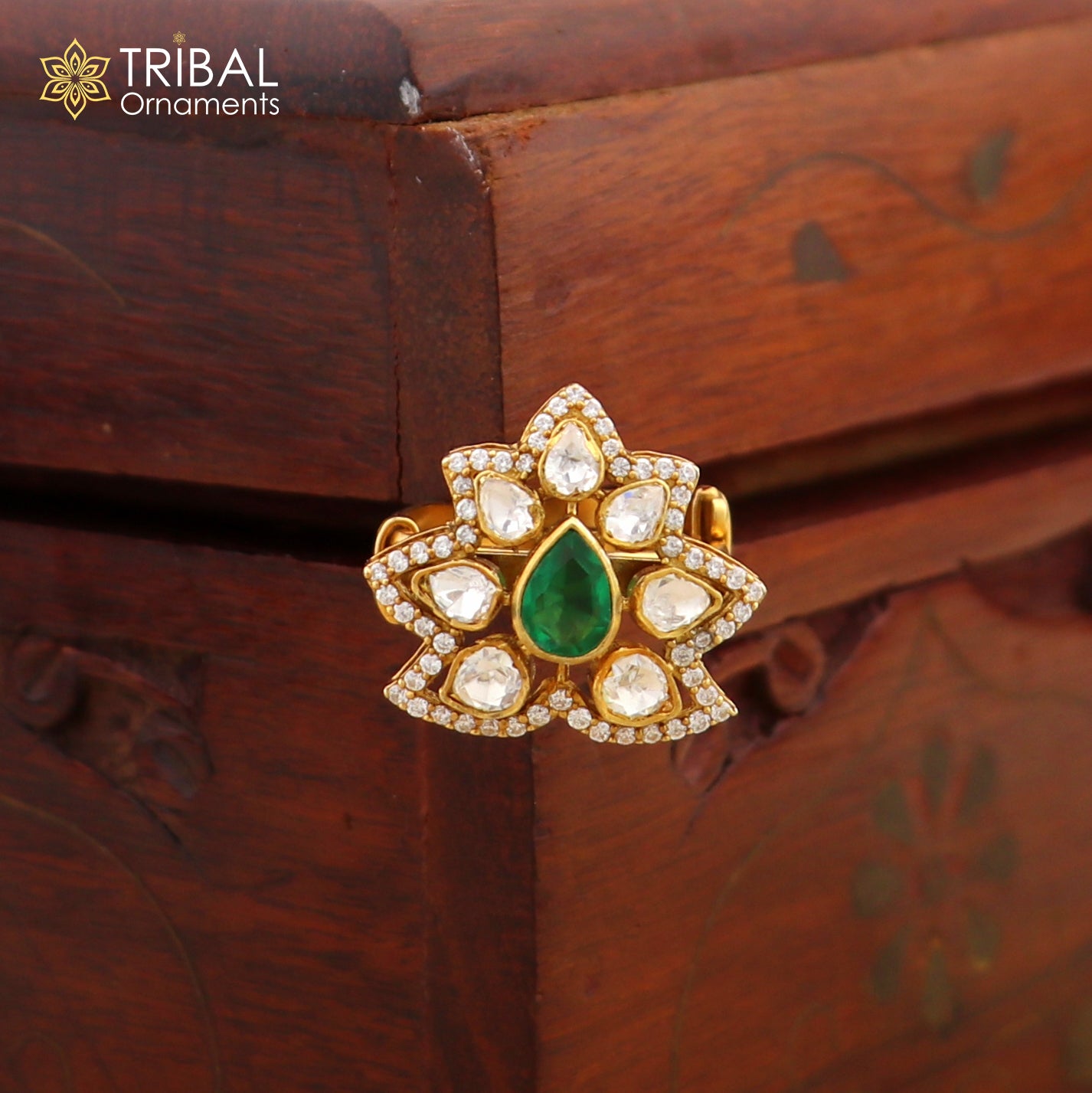 925 sterling silver flower kundan design ring Jewelry sr806 - TRIBAL ORNAMENTS