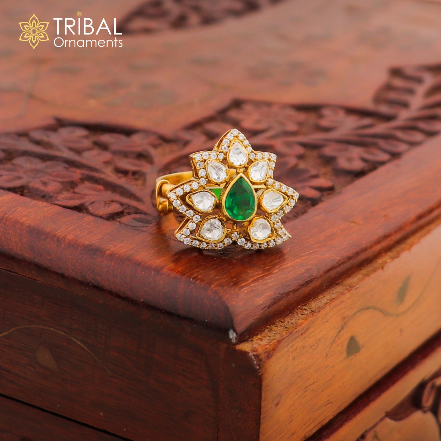 925 sterling silver flower kundan design ring Jewelry sr806 - TRIBAL ORNAMENTS