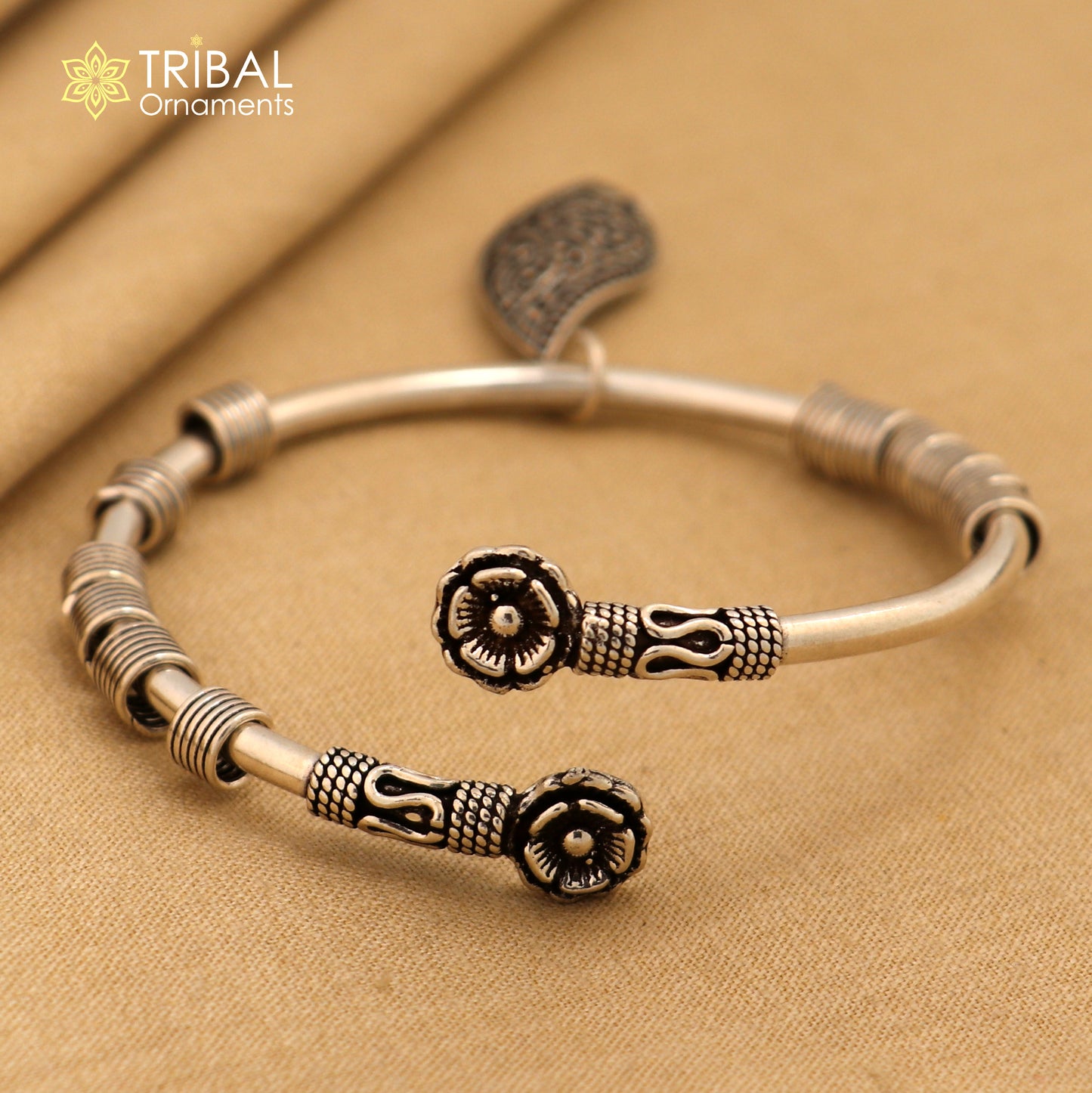 925 sterling silver flower shape open face flexible charm bracelet kada bangle girl's gift nsk153 - TRIBAL ORNAMENTS