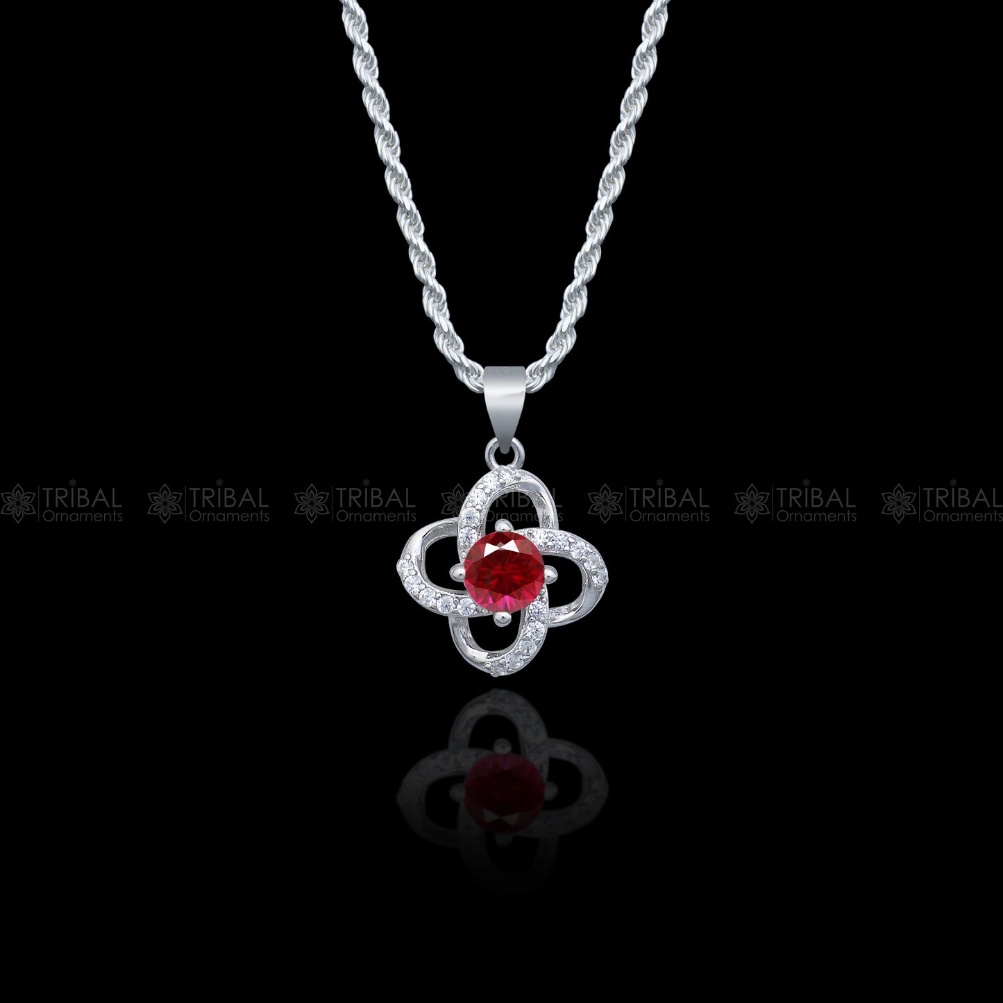 925 Sterling silver flower with Red diamond (rubby )  pendant set nsp963 - TRIBAL ORNAMENTS
