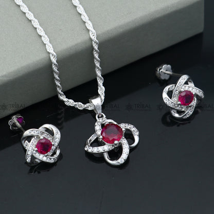 925 Sterling silver flower with Red diamond (rubby )  pendant set nsp963 - TRIBAL ORNAMENTS