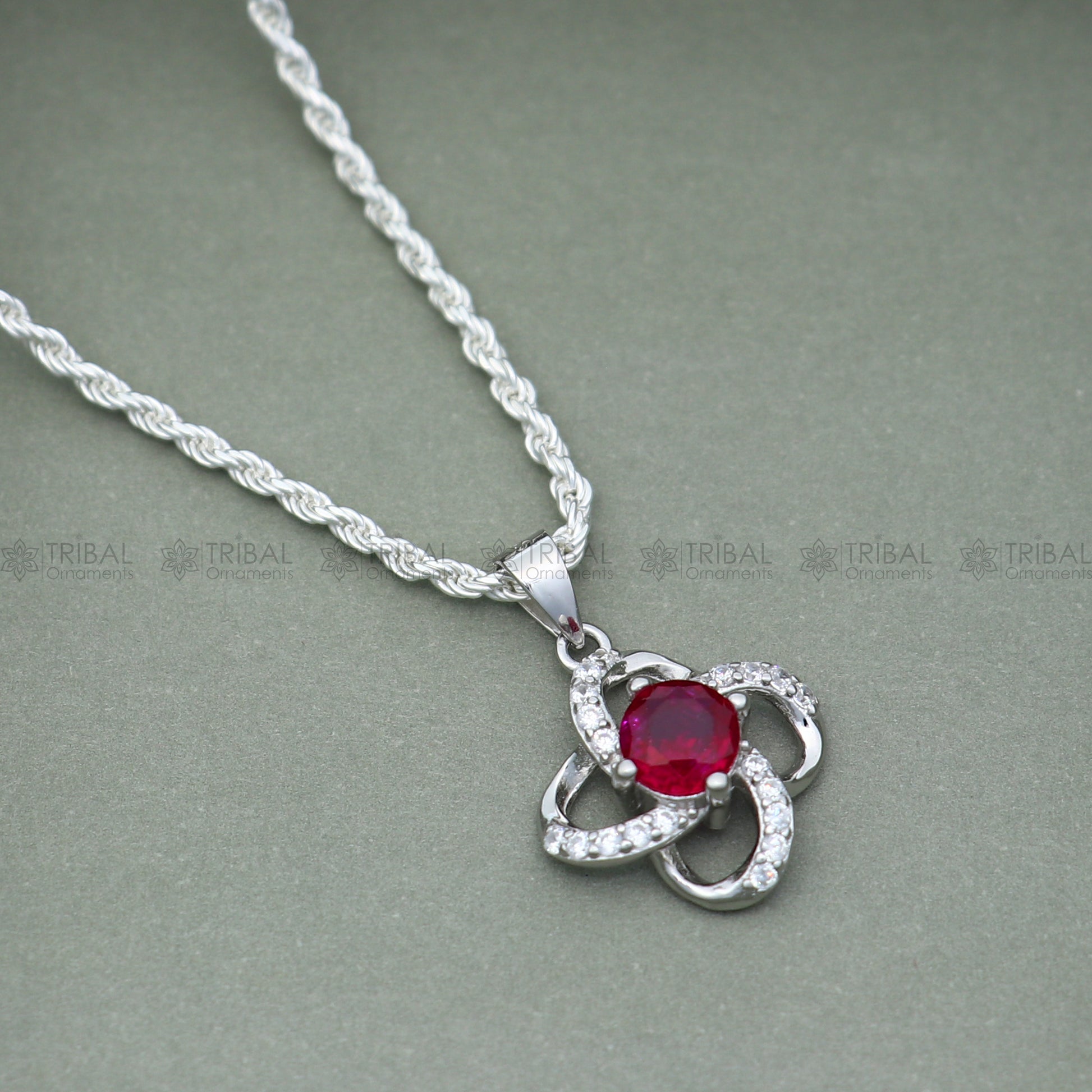 925 Sterling silver flower with Red diamond (rubby )  pendant set nsp963 - TRIBAL ORNAMENTS