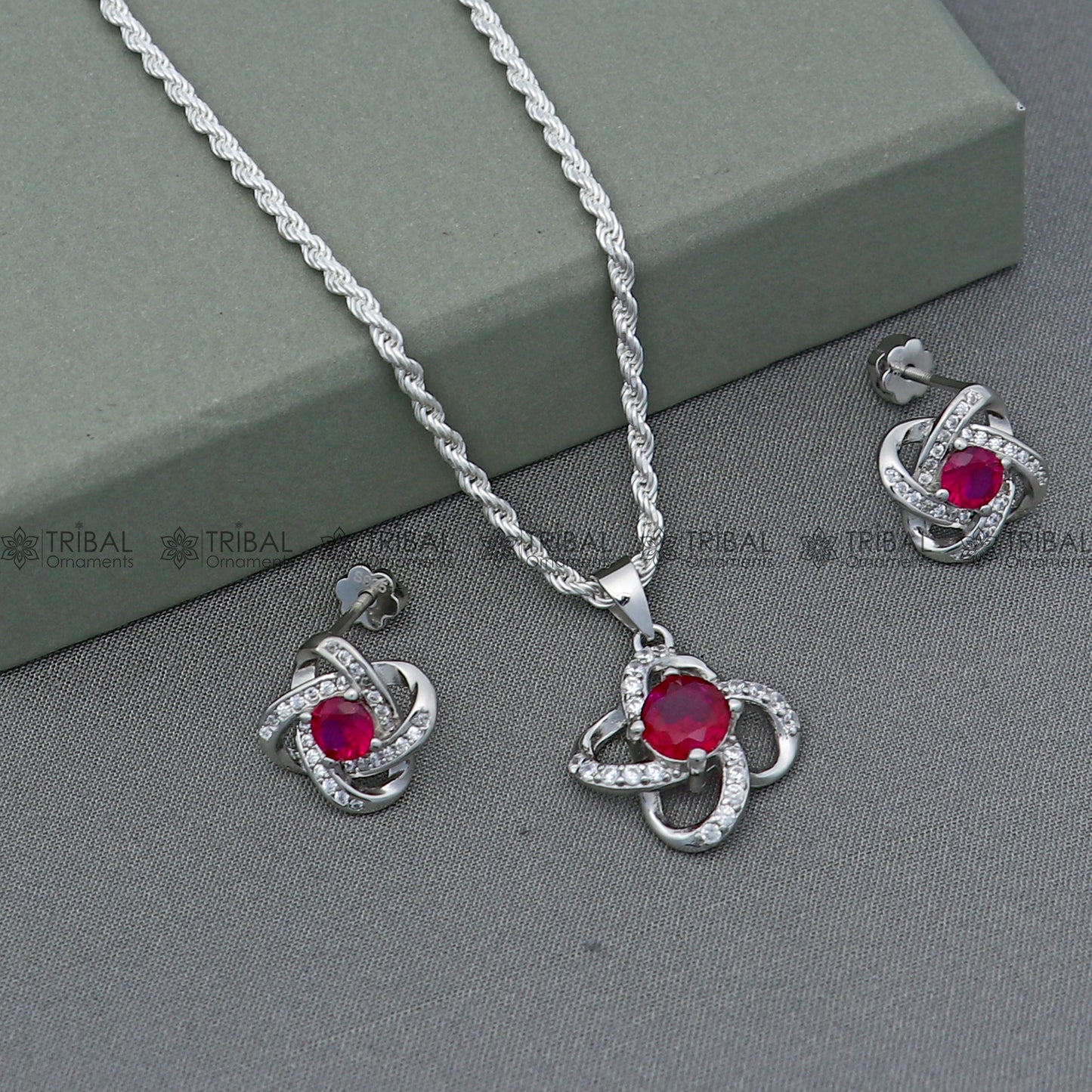 925 Sterling silver flower with Red diamond (rubby )  pendant set nsp963 - TRIBAL ORNAMENTS