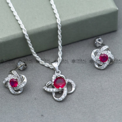 925 Sterling silver flower with Red diamond (rubby )  pendant set nsp963 - TRIBAL ORNAMENTS