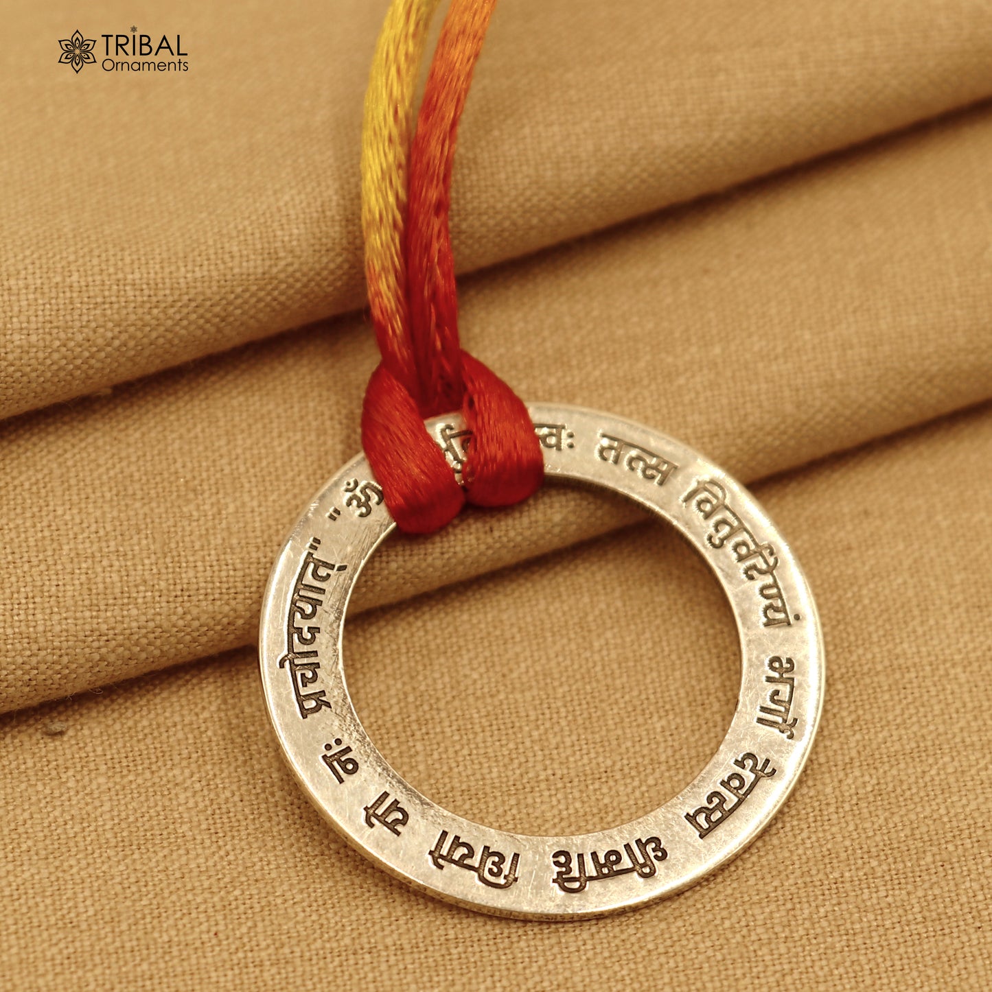 925 Sterling silver Gayatri Mantra pendant, ethnic jewelry featuring intricate tribal design, by TRIBAL ORNAMENTS.