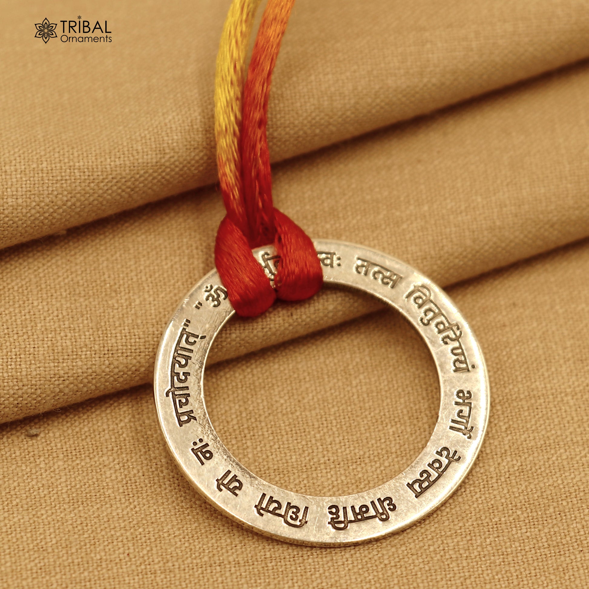 925 Sterling silver Gayatri Mantra pendant, ethnic jewelry featuring intricate tribal design, by TRIBAL ORNAMENTS.