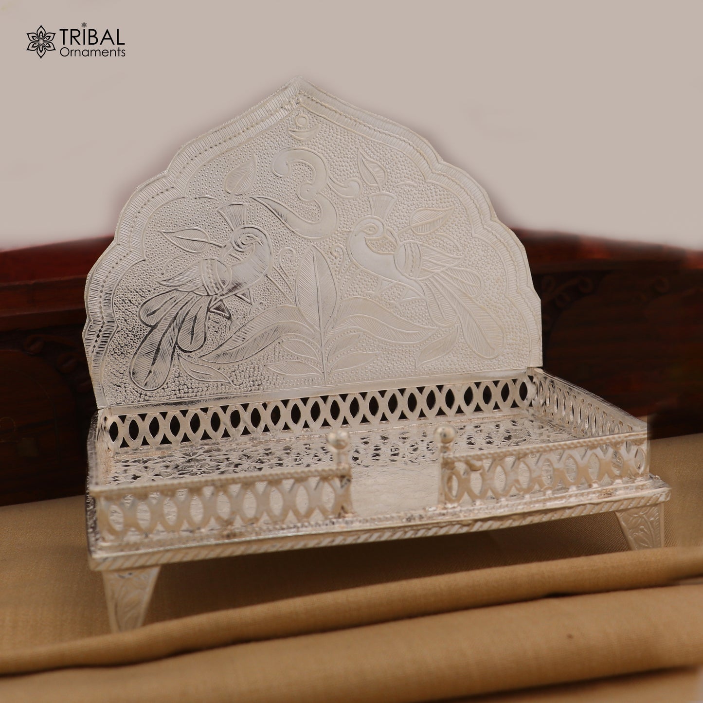 925 sterling silver God statue stand chair Singhasan for temple art and puja rituals, crafted by Tribal Ornaments.