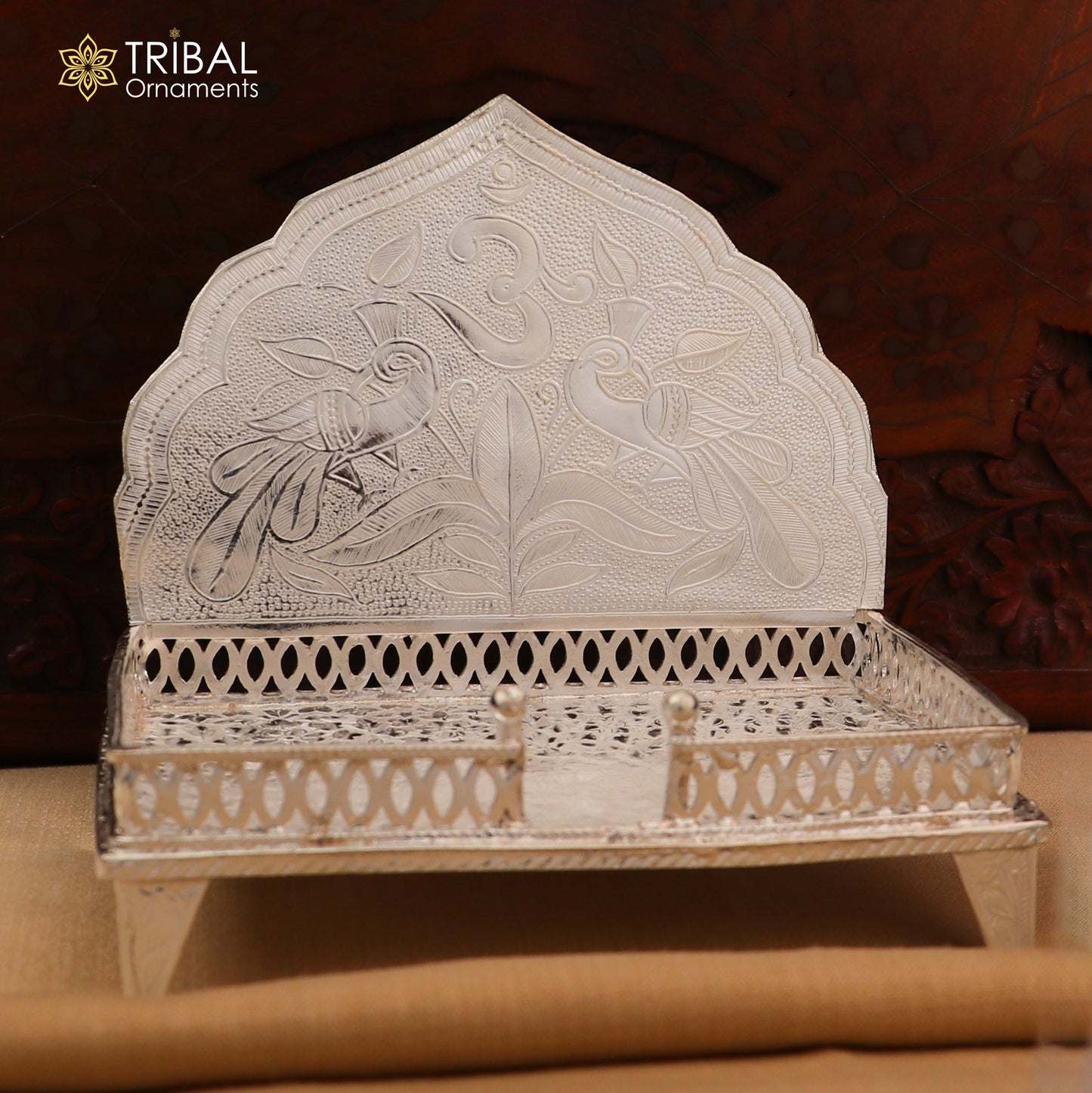 925 sterling silver God statue stand chair Singhasan, temple art Puja Chouki by TRIBAL ORNAMENTS with intricate design details