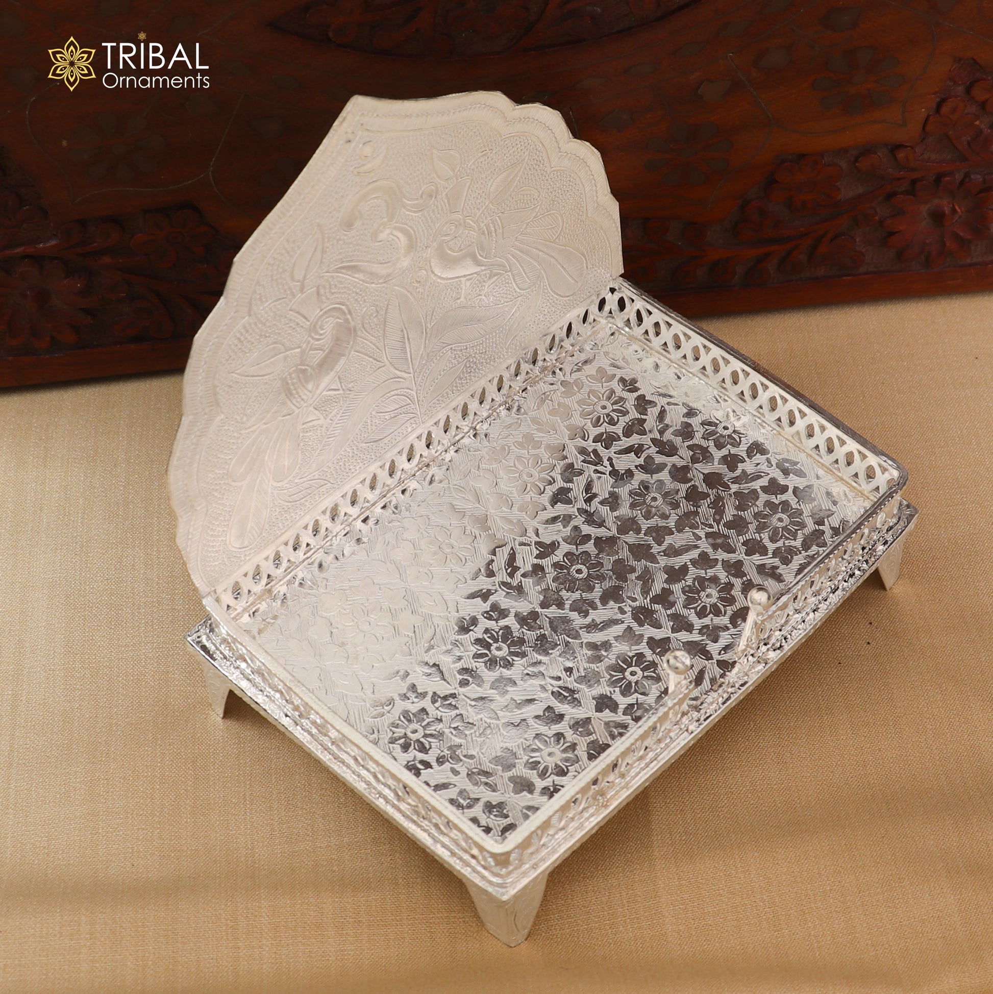 925 sterling silver God statue stand chair Singhasan for temple art and puja, crafted by TRIBAL ORNAMENTS.