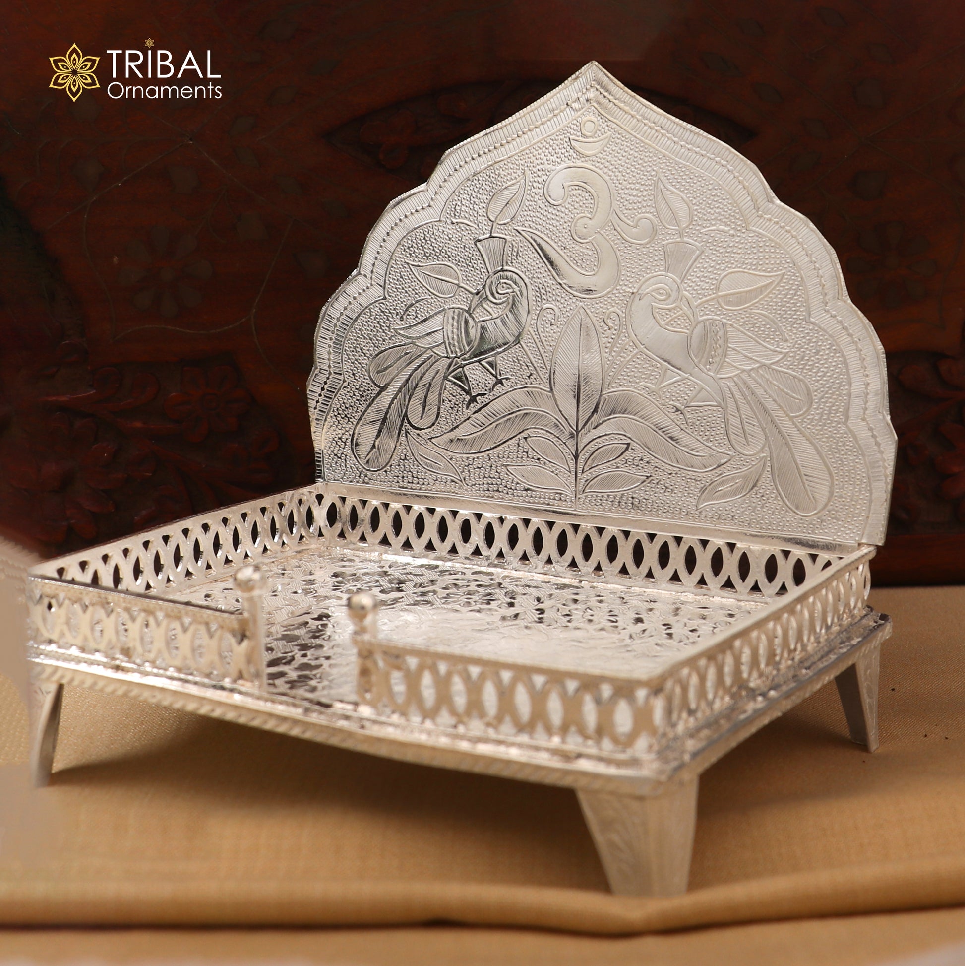 925 sterling silver God statue stand chair singhasan for temple puja, detailed tribal ornament design, traditional religious art piece