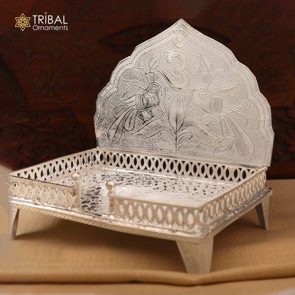 925 sterling silver God statue stand chair singhasan for temple puja, detailed tribal ornament design, traditional religious art piece