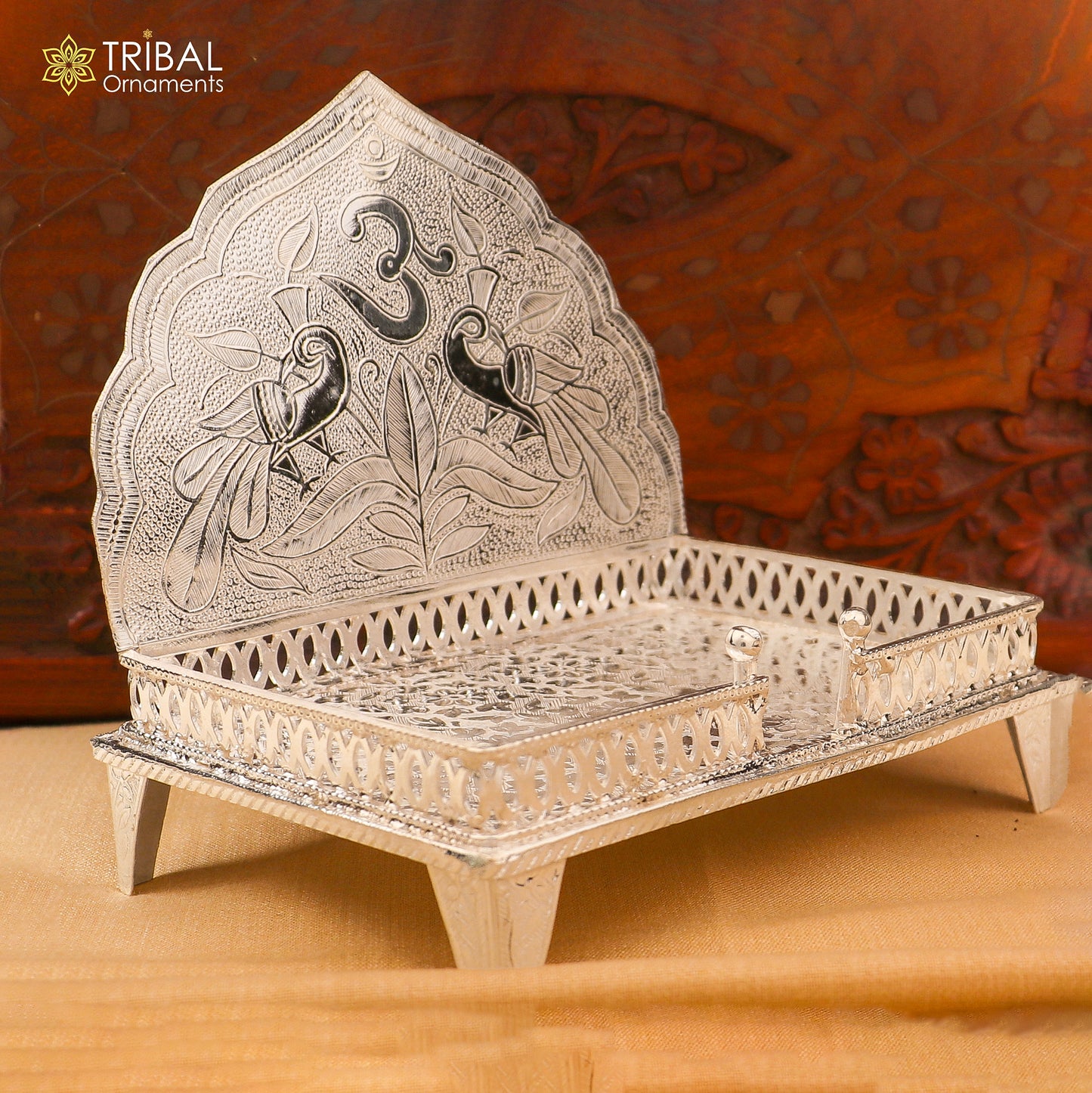 925 sterling silver God statue stand chair Singhasan for temple puja, ornate tribal ornament art with intricate design details