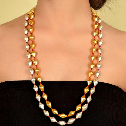 925 sterling silver Gold  polished dholki beaded necklace, two strands Dholki mala tribal ethnic jewelry set721 - TRIBAL ORNAMENTS