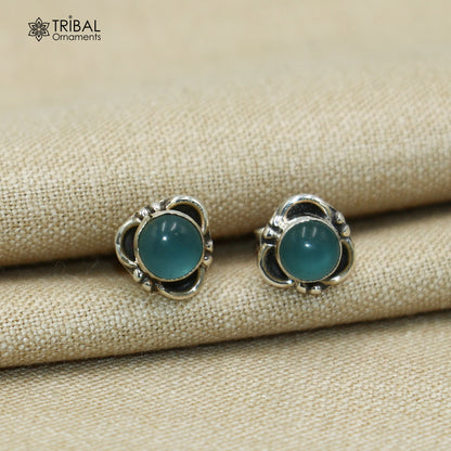 Sterling silver aqua stone stud earring featuring a vibrant blue gemstone, unisex jewelry by TRIBAL ORNAMENTS.