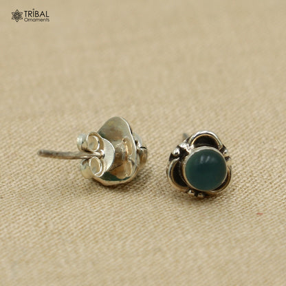 Sterling silver aqua stone stud earring from Tribal Ornaments, unisex jewelry with a vibrant blue gemstone and sleek design.