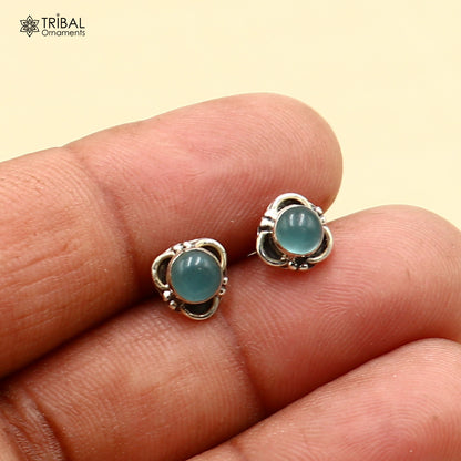 925 sterling silver aqua stone stud earring showcasing vibrant blue gemstone in sleek unisex jewelry design by TRIBAL ORNAMENTS