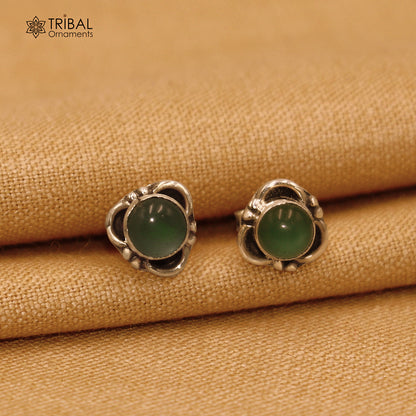 925 sterling silver aqua stone stud earring, unisex jewelry by TRIBAL ORNAMENTS featuring a vibrant blue gemstone.