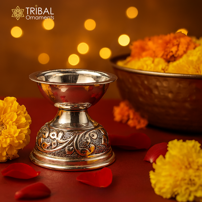 925 sterling silver oil lamp with intricate chitai and kandrai work, traditional silver Deepak for Diwali puja temple decor