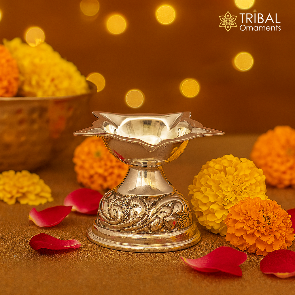 925 sterling silver gorgeous chitai work kandrai work design oil lamp, silver Deepak, silver temple article, Diwali puja utensils art su500 - TRIBAL ORNAMENTS