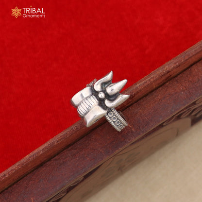 Sterling silver Lord Shiva Trident ring with adjustable band, unisex jewelry featuring a custom Trishul design.