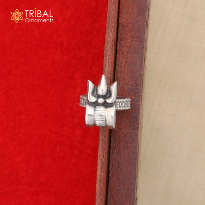 Sterling silver Lord Shiva Trident ring with adjustable band, unisex jewelry featuring a detailed Trushul design by TRIBAL ORNAMENTS.