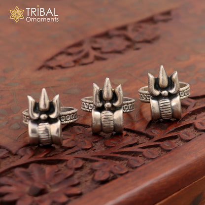 Sterling silver Lord Shiva Trident ring with adjustable band, unisex jewelry featuring customized Trushul design by Tribal Ornaments