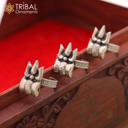 Sterling silver Lord Shiva Trident ring with adjustable band, unisex jewelry featuring detailed Trishul design by Tribal Ornaments.
