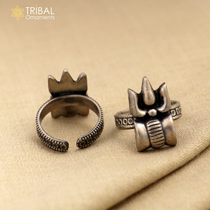 Sterling silver Lord Shiva Trident ring with adjustable band, unisex jewelry featuring intricate Trushul design by Tribal Ornaments.