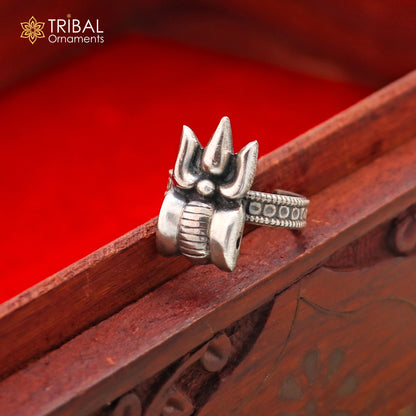 Sterling silver Lord Shiva Trident ring with adjustable band, unisex jewelry featuring engraved Trishul design by TRIBAL ORNAMENTS.