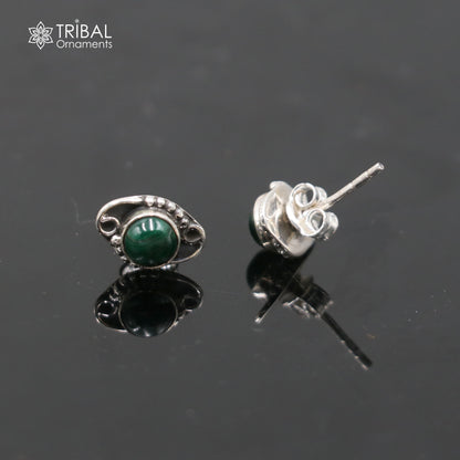 925 sterling silver stud earring featuring a vibrant green onyx stone, unisex jewelry by TRIBAL ORNAMENTS.