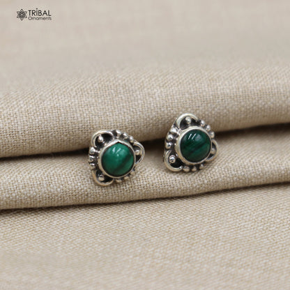925 sterling silver stud earring featuring a vibrant green onyx stone, unisex jewelry by TRIBAL ORNAMENTS.