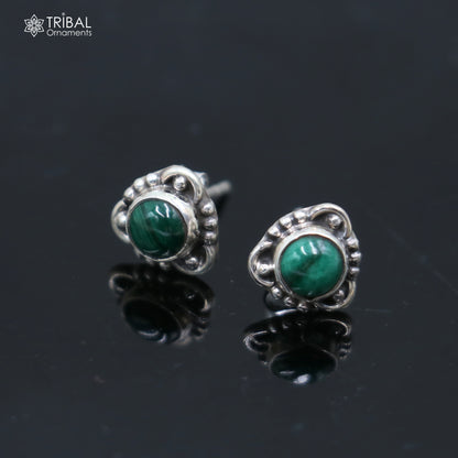 Sterling silver stud earring with vibrant green onyx stone, unisex jewelry by Tribal Ornaments, featuring a sleek and elegant design