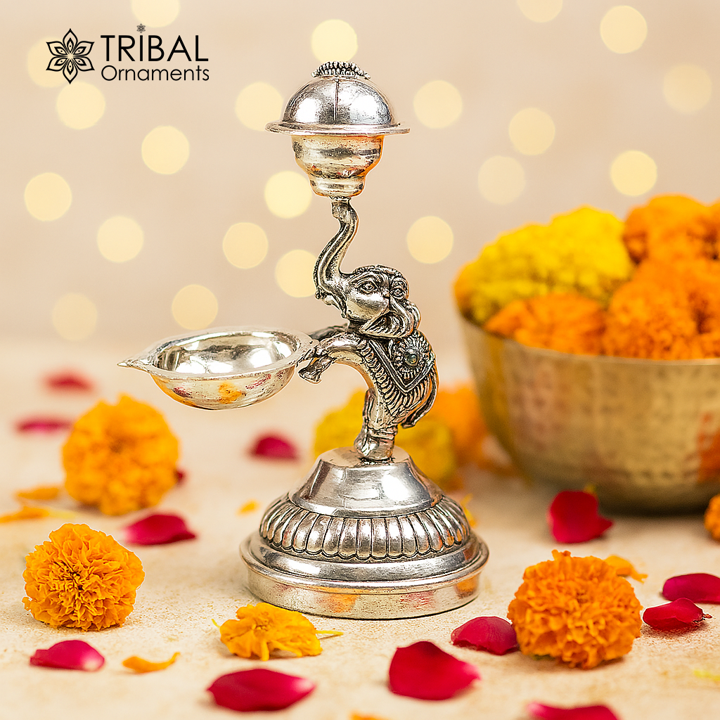 925 sterling silver elephant-shaped oil lamp and incense holder, handcrafted puja utensil by TRIBAL ORNAMENTS for religious rituals