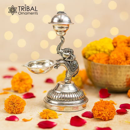 925 sterling silver elephant-shaped oil lamp and incense holder, handcrafted puja utensil by TRIBAL ORNAMENTS for religious rituals