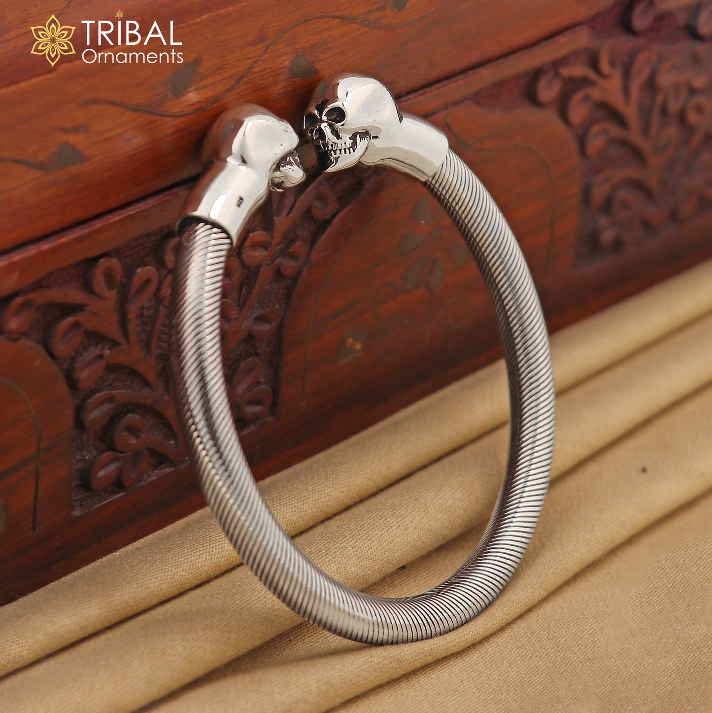 Sterling silver hip-hop skull bangle bracelet with unisex design, personalized jewelry by TRIBAL ORNAMENTS.