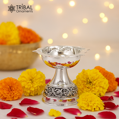 925 sterling silver nakshi work floral oil lamp, deepak, with intricate silver temple design, ideal for puja and religious rituals.