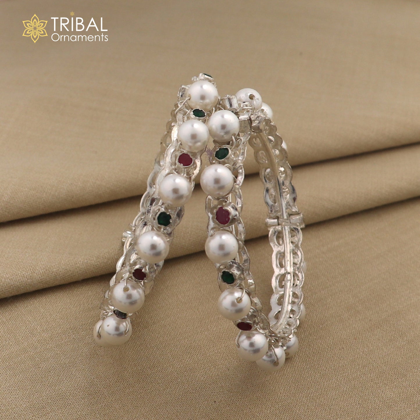 925 sterling silver tribal bangle with pearl beads, customized cultural kada jewelry by Tribal Ornaments.
