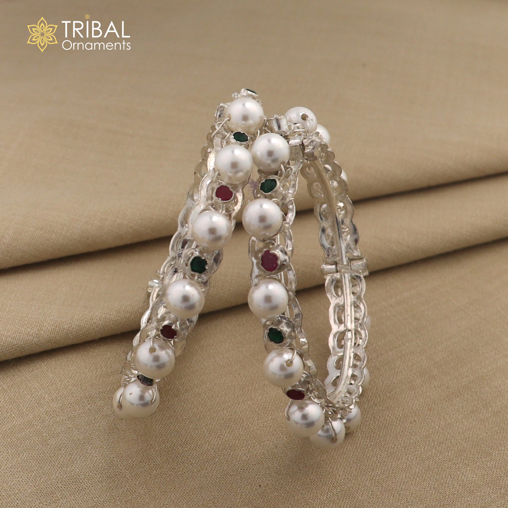 925 sterling silver tribal bangle with pearl beads, customized cultural kada jewelry by Tribal Ornaments.