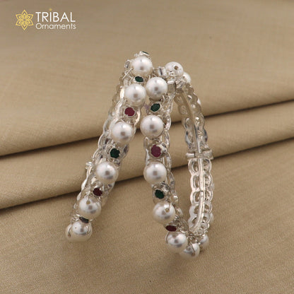 925 sterling silver tribal bangle with pearl beads, customized cultural kada jewelry by Tribal Ornaments.