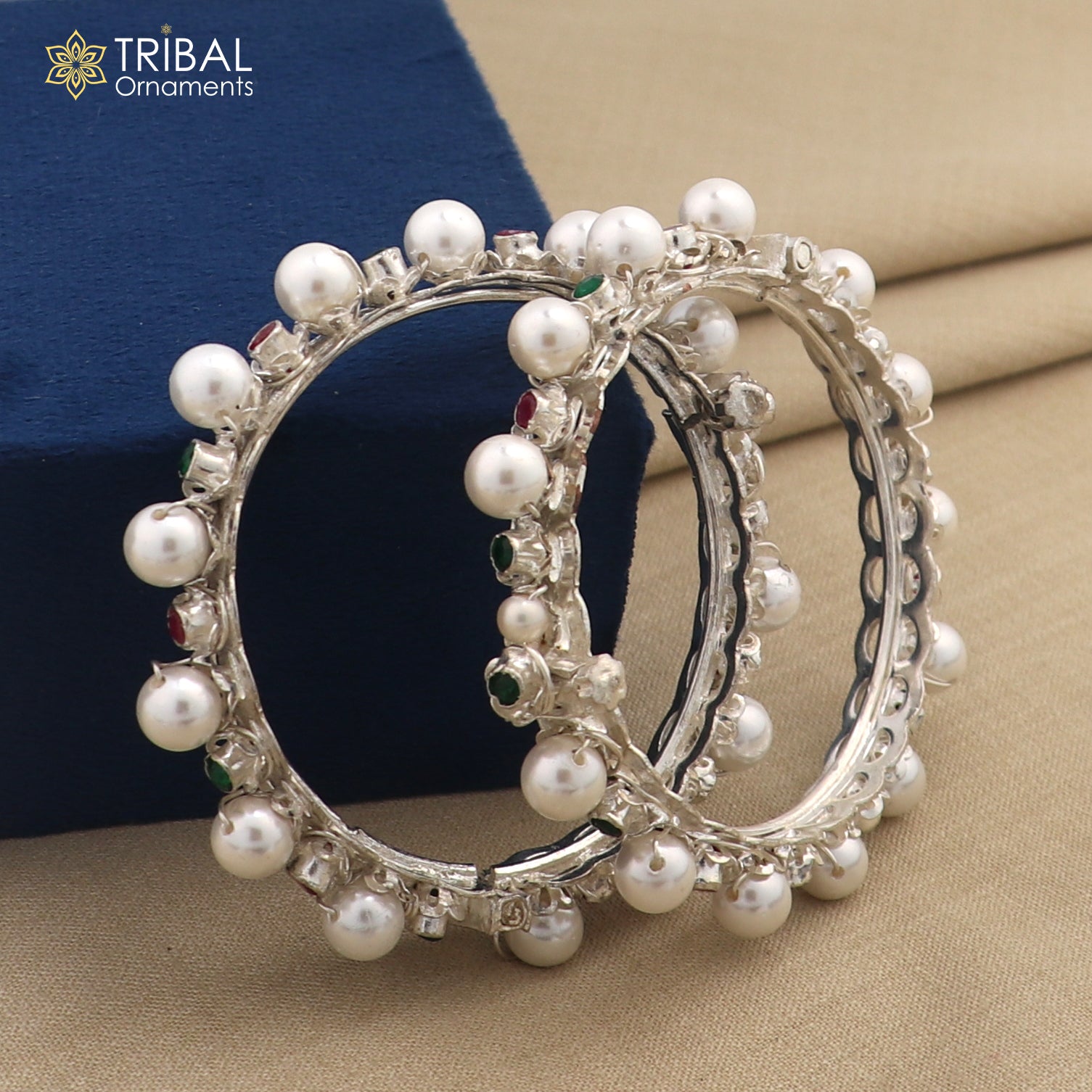 Sterling silver tribal bangle with pearl beads, customized cultural jewelry by TRIBAL ORNAMENTS, stylish and traditional bracelet