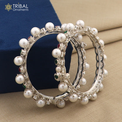 Sterling silver tribal bangle with pearl beads, customized cultural jewelry by TRIBAL ORNAMENTS, stylish and traditional bracelet