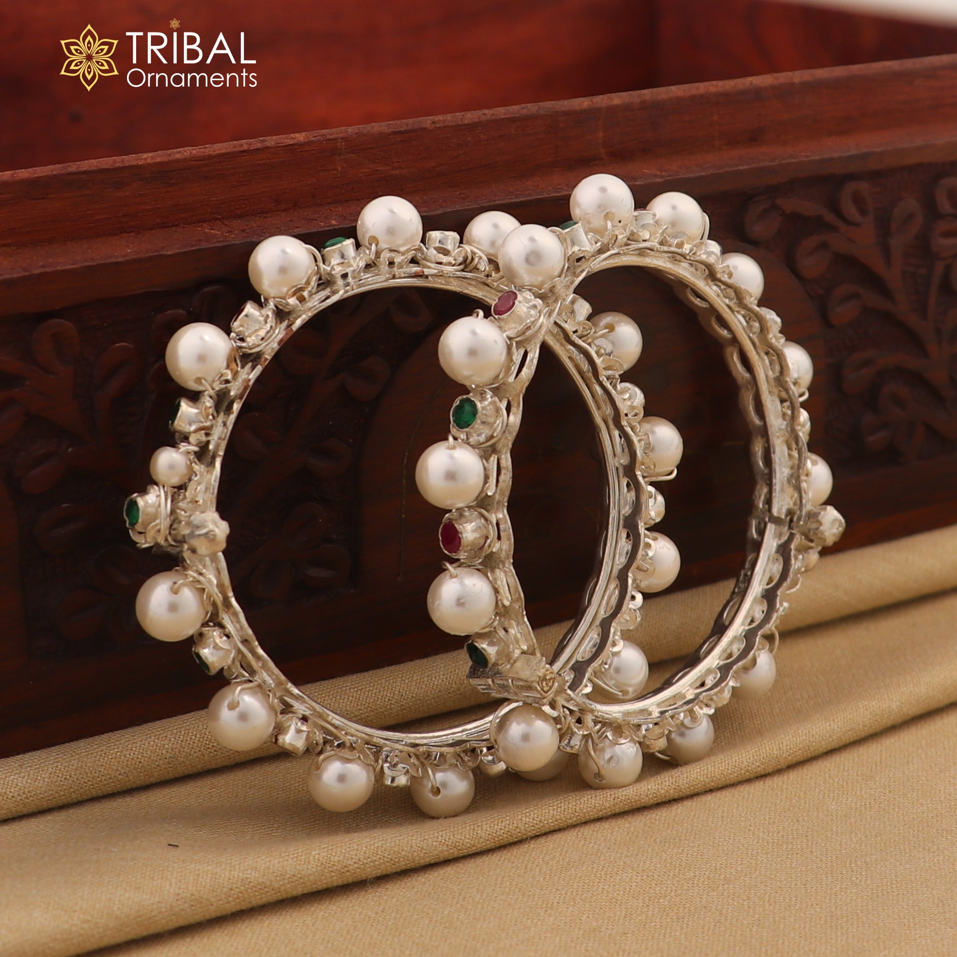 925 sterling silver tribal bangle with pearl beads, featuring cultural and customized tribal jewelry design.