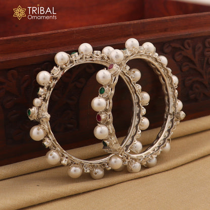 925 sterling silver tribal bangle with pearl beads, featuring cultural and customized tribal jewelry design.