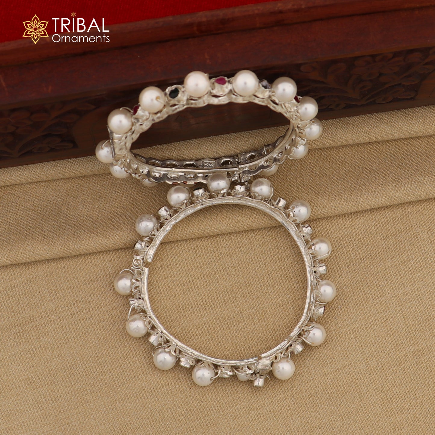 925 sterling silver cultural bangle with pearl beads and tribal design, handcrafted tribal jewelry by TRIBAL ORNAMENTS.