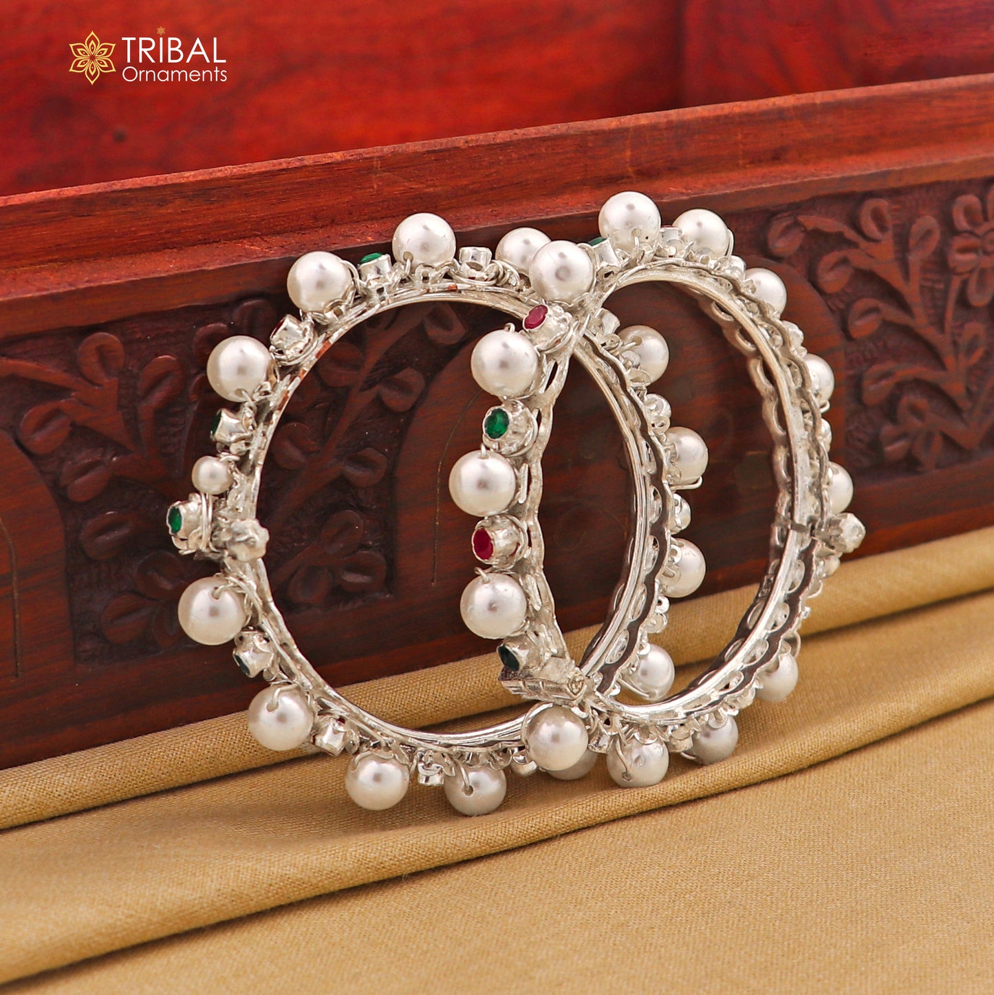 925 sterling silver tribal bangle with pearl beads, featuring intricate cultural design and customizable details by TRIBAL ORNAMENTS.